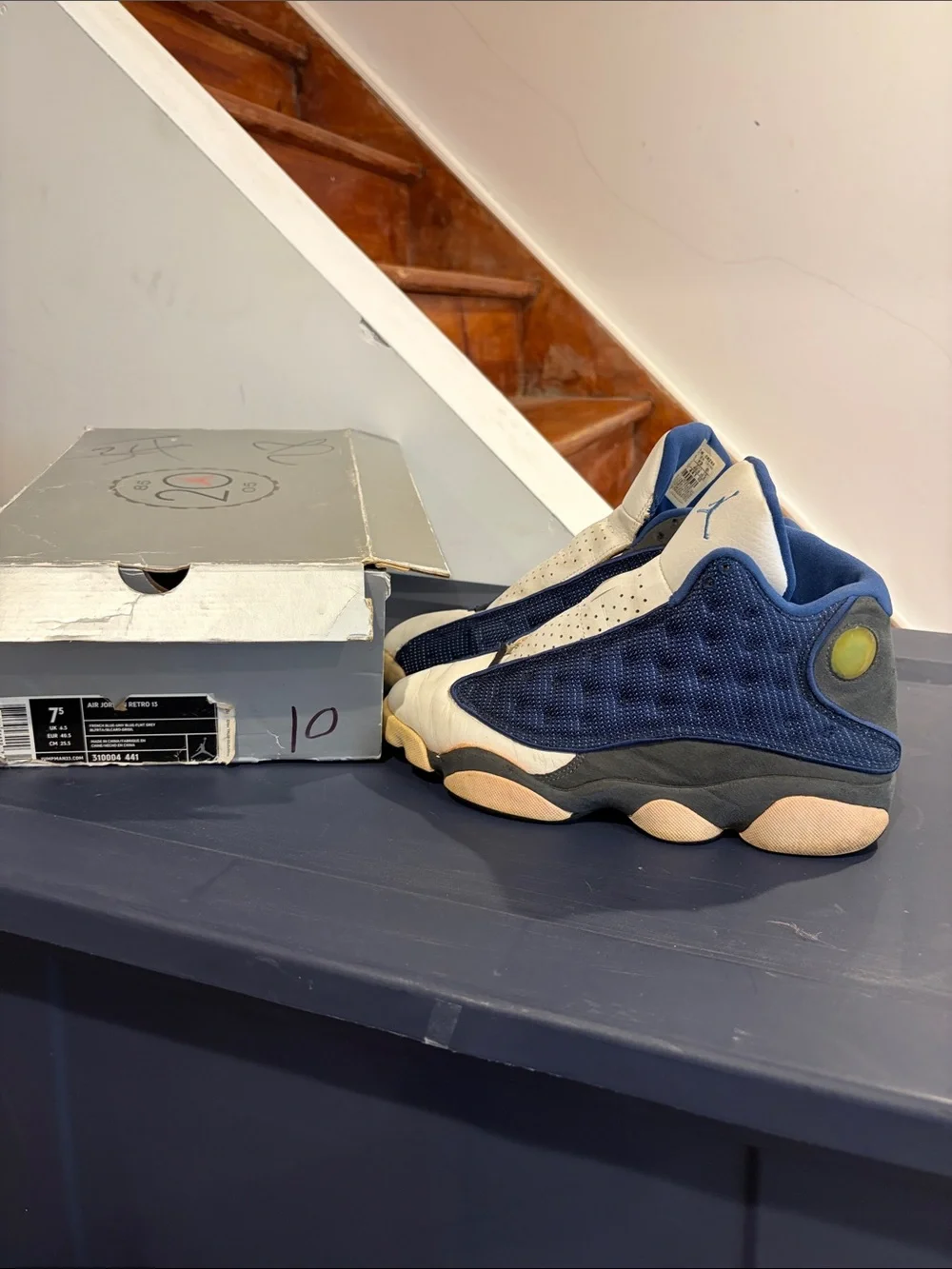 jordan retro 13 flint/french blue 2004 version w/og box sz 7.5